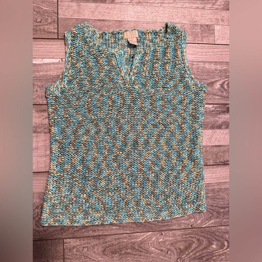 Sigrid Olsen Size Small Top Green Blue Knit Sleeveless Cami Braided Trim Sport